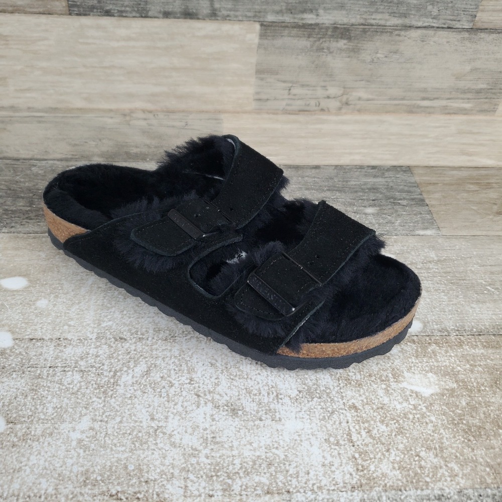 Birkenstock Arizona Womens Slide Sandal Sz 4 Black Shearling Suede Narrow Buckle